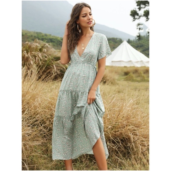 BOHO v neck floral print  side slit maxi dress - Picture 2 of 10